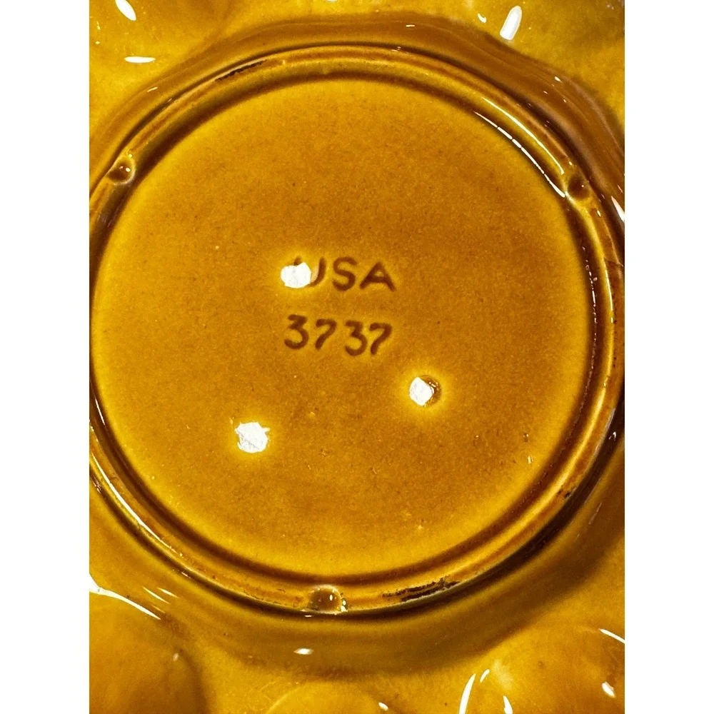 Vintage USA Pottery 3737 Deviled Egg Platter Mustard Yellow Ceramic Serving Tray